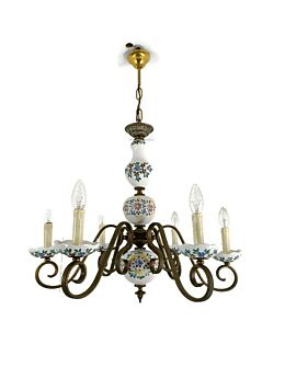 Chandelier 6 Arms Lights Ceramic Porcelain Pink Flowers Mid Century Italy Vintage Lovely