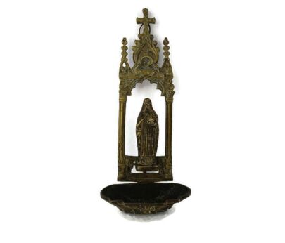 Holy water font Brass Madonna Our Lady of Dinan France with Infant very rare antique