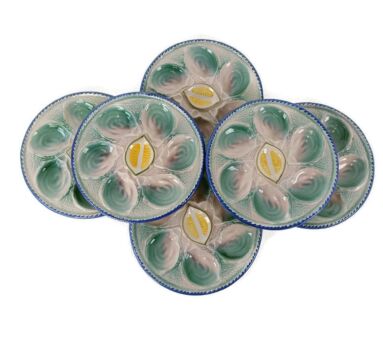 Set of 6 French Oyster Plates Porcelain Faience de St Clement Hand Painted