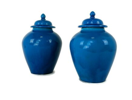 couple vintage Urns Blue Porcelain Ceramic Lidded Vases gorgeous Marked 