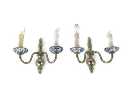 Pair Couple Delft Blue White Vintage Brass Two-Arm Double Wall Sconces Lights vintage