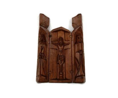 Vintage   Triptych Handmade hand Carved Travel Icon Crucifixion Apostles HTF Collector