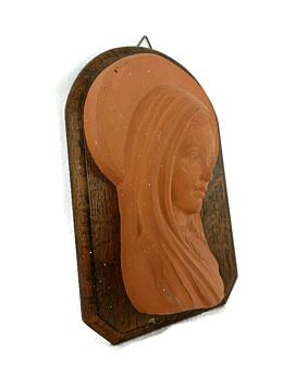 Terra Cotta Wall hanging Madonna On wood Signed J. Ganty Vintage