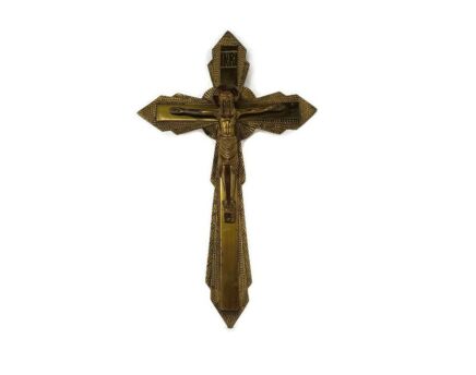 French vintage Hanging Brass Enamel Crucifix seigneur Ayez Pitié de nous 