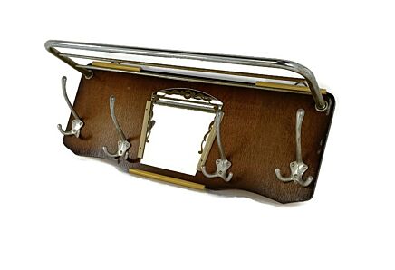 Vintage Wall Coat Rack Shelf Mid Century Modern Railroad Industrial Wood Chrome Rockabilly style