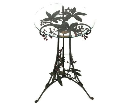 Wrough Iron Table Grapes Cast Iron Gorgeous Art Deco Side Table Pedestal Beveled Glass top 