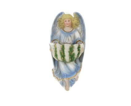 French Holy Water Font Angel Hand Painted Bisque Porcelain Collector 