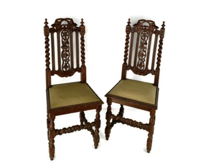Pair Antique  Hand carved Wooden Parlor Chairs  Ornate Gorgeous Hobnails faux leather seating
