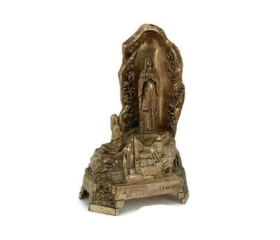 Working Lourdes Music Box Virgin Mary St Bernadette French France Spelter Faux Brass Collector