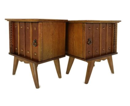 vintage Modernist pair couple of Nightstands end tables cabinets Carved wood funky 