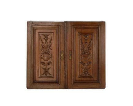 Pair French hand Carved Wood Oak Door Panels Reclaimed Architectural Flower Baskets Antique
