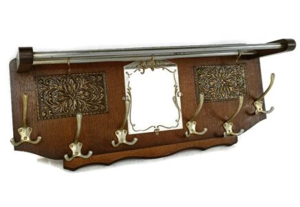 Vintage Wall Coat Rack Mid Century Modern Railroad Industrial Wood Chrome Brass Trim Rockabilly style