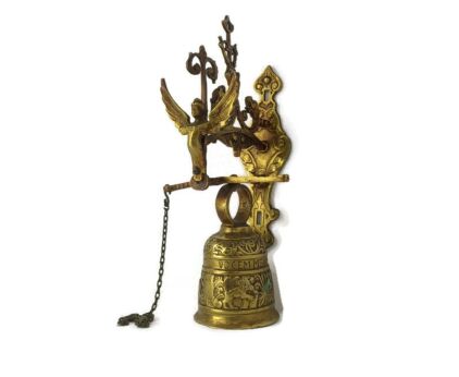 Vintage Wall Mounted Brass Bell Ornate Decorative Mythology Angel Ovime Tange Monastery Door Knocker 