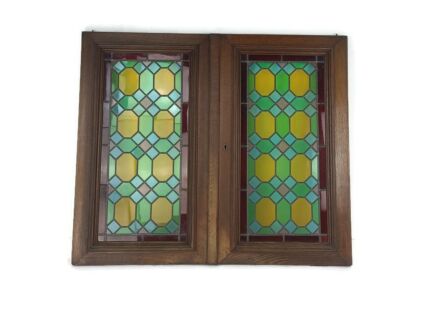 Pair Two Antique Leaded Glass hand Carved Wooden Door Panels Reclaimed Architectural 