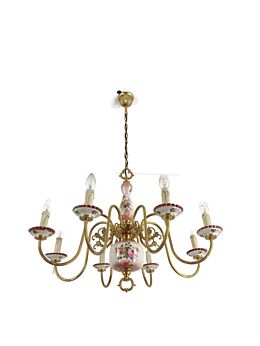 Chandelier 8 Arms Lights Ceramic Porcelain Ceramic Brass Italian Pink Flowers