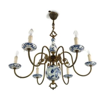 Delft Blue White Porcelain Ornate Brass Chandelier Dutch 6 Arms 6 Lights Barn Style