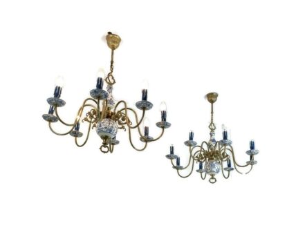 Couple Pair Chandeliers  8 Arms Lights Ceramic Porcelain  Delft Blue White Barn Country Style Vintage