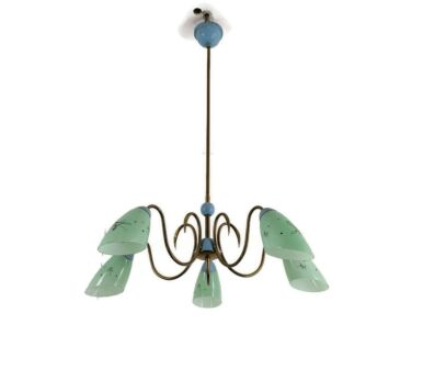 Modernist Spider Chandelier Brass Glass Green Shades 5 lights arms Vintage 