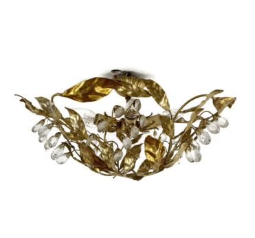 Flush Mount Shade Plafonière Ceiling Fixture  light Large Vintage  Brass Glass Italian