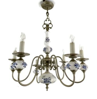 Dutch Delft Style Blue White Porcelain Brass Chandelier 6 Arm Lights Country style 