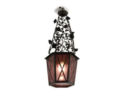 pendant Lantern Cranberry Art glass Ceiling Light Wrought iron Rose Leafs Gorgeous Vintage  