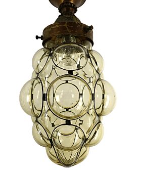 Caged pendant Art glass Ceiling Light Ali Baba Style Bubbled Glass Amber Brown Vintage 