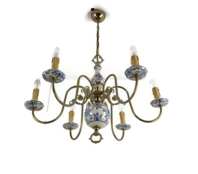 Dutch Delft Style Blue White Porcelain Brass Chandelier 6 Arm Lights Country Barn Style