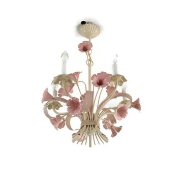 Vintage Barn Style Chandelier Wrought Iron Flowers France 70s 5 lights 