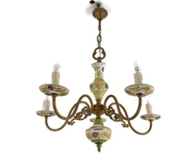 Chandelier 5 Arm Lights Brass Porcelain Flowers Italian Italy Fixture Lamp Vintage 