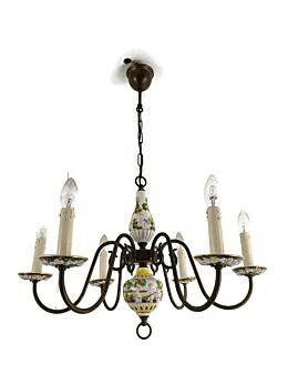 Chandelier 6 Arm Lights Brass Porcelain Flowers Italian Italy Capodimonte Style Flowers