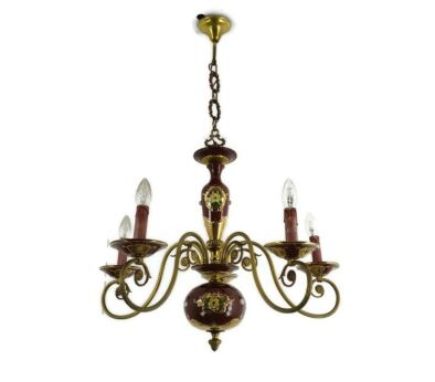 Chandelier Porcelain Brass Red Brown Bohemian Style 5 arms Lights, Vintage 