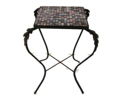 Vintage Small Side Table Plant stand Mosaic tiles Checkered pattern Wrought Iron Polychrome tiles