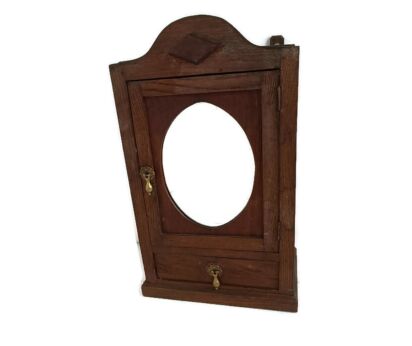 Antique Medicine cabinet Apothecary Antique Oval Mirror Carved Wood lovely barn style
