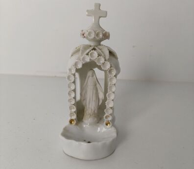 Antique Standing Holy Water Font Vessel Bisque Virgin mary Madonna 
