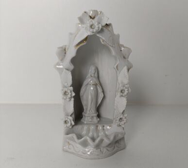 Antique Standing Holy Water Font Vessel Bisque Virgin mary Madonna Flowers
