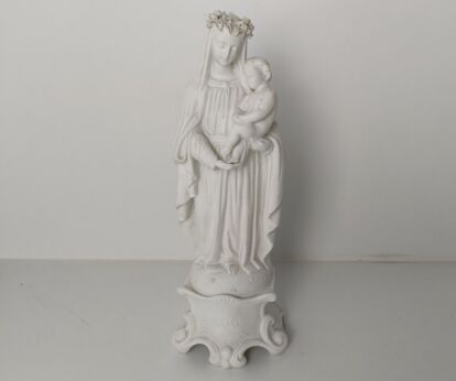 Antique 1900 Bisque Statue Virgin Mary Our Lady Madonna Infant Jesus Exquisite Flower Wreath 14.96"