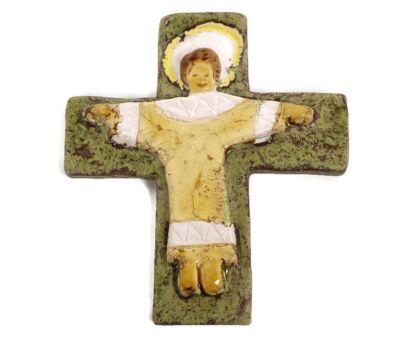 Mid Century Design Ceramic Modern Crucifix Infant Jesus Ceramic  Signed Renard