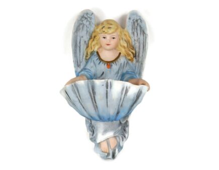 French Holy Water Font Angel Hand Painted Bisque Porcelain Collector Vintage