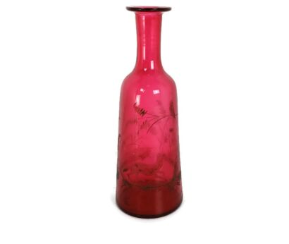 etched glass Red Small Bottle Vase Fox Bird Landscape Vintage Lovely 