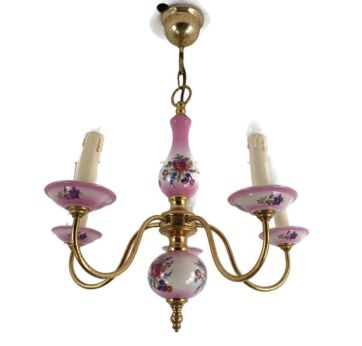 Chandelier 5 Arms Lights Ceramic Porcelain Ceramic Brass Italian Pink  Flowers Lovely
