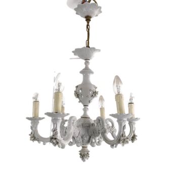 Capodimonte Porcelain Chandelier 6 arm Lights, white, Marked, very special, vintage