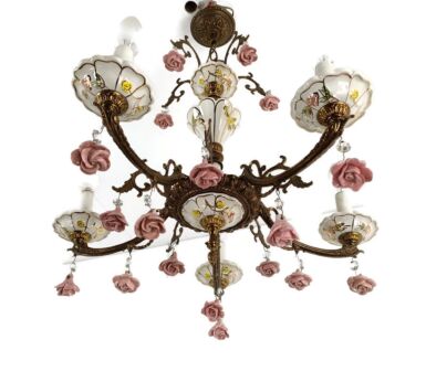 Romantic Chandelier Porcelain Pink Flowers Prisms Ornate Brass 5 arm vintage Italy