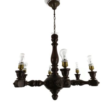 Art deco style hand carved wooden chandelier 6 arm 6 lights Vintage Barn farmhouse style