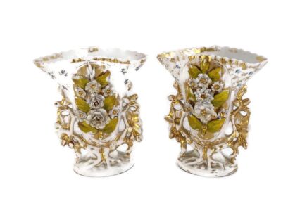 Couple Antique Vieux Paris Porcelain Fan Flair Bridal Vases Flower Bouquet French