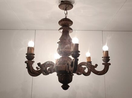 hand Carved Wooden Chandelier 6 arm 6 lights vintage large barn farmhouse style