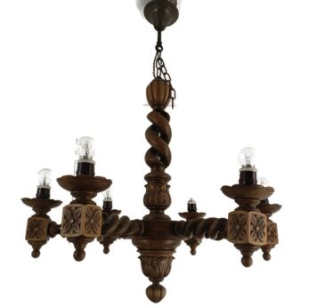 Open Barley Twist Chandelier hand carved wood 6 arm 6 lights Barn Farmhouse style WOW