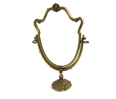 Rococo Ornate Brass Standing Adjustable Swivel Make up Vanity Mirror Angels Soap Shell Heavy