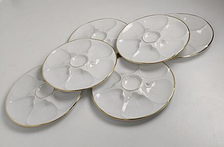 Set of 6 Oyster Plates Porcelain White Golden Edge Vintage Seafood Plates Stylish Bavaria Edelstein Germany