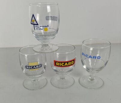 collection of 4  Different French Ricard Glasses 1 larger  Pastis Apero France Collector 