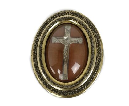 Antique Oval Ornate Convex Glass Dome Crucifix Cross Plaster Frame